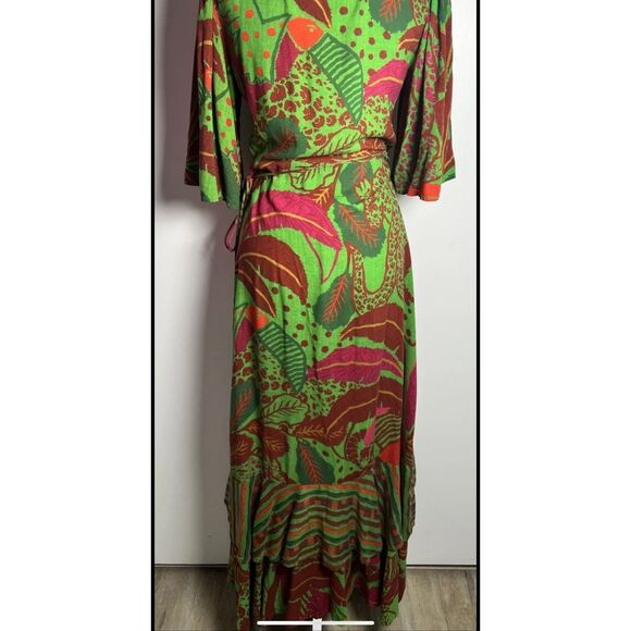 NWOT Farm Rio Floral Tropical Green Flutter Sleeve Tiered Ruffle Maxi Wrap Dress - Picture 6 of 12
